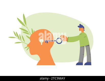 Abstract metaphor of psychotherapy and psychology. Man holds key and human head with a keyhole. Concept of solving difficult situation. Open mind. Stock Vector