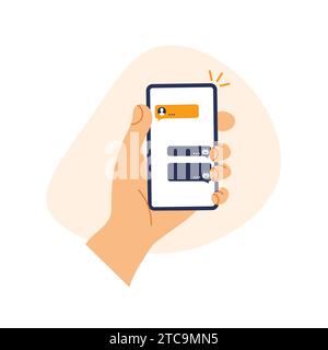 Hand holds phone with chat bot dialog boxes on a screen. Chatting between robot and human on smartphone display. Messaging bubbles. Vector. Stock Vector