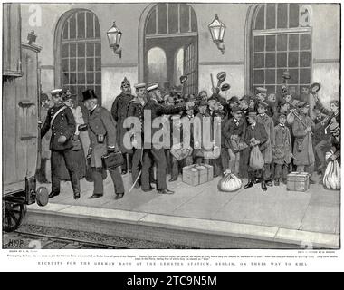 Recruits for the German navy at the Lehrter Station in Berlin, on their way to Kiel, from The Graphic magazine, 1896. Stock Photo