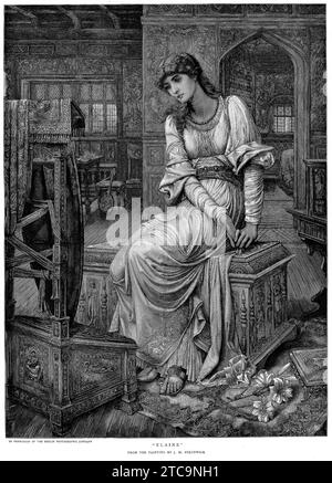 Portrait of Elaine, based on the painting by Strudwick. The story of Elaine – the subject of John Melhuish Strudwick’s 1891 painting – is told by Tennyson in the seventh book of Idylls of the King, ‘Lancelot and Elaine’. Elaine was the daughter of King Pelles, lord of Astolat. Some time before, Sir Lancelot, when travelling to a joust at Camelot, had come to the castle of Astolat and had been received by Pelles and his two sons and daughter. Lancelot had exchanged his shield with that of Pelles’s son Sir Torre – so that Lancelot might appear at the joust without being recognised. This was how Stock Photo