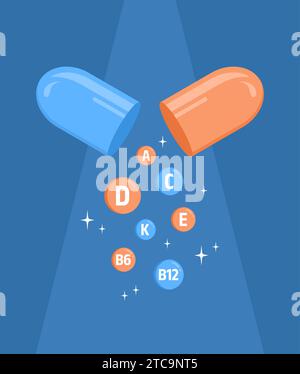 Open capsule with vitamins on a blue background, flat vector illustration Stock Vector