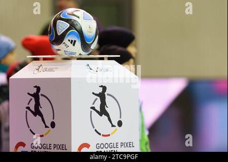 Munich, Germany, December 11th 2023: Official matchball on display before the Google Pixel Frauen-Bundesliga match between FC Bayern Munich and Bayer Leverkusen at FC Bayern Campus, Germany.  (Sven Beyrich/SPP) Stock Photo