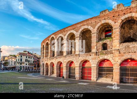 The Roman Arena in Piazza Bra. Built in the first century, it is still in use today and is  famous for the large-scale opera performances given there. Stock Photo