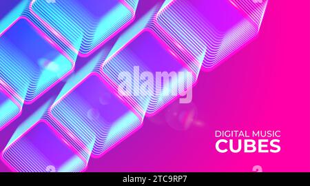 Digital neon glowing cyber cubes. Musical, gaming, technology, background with glowing 3d objects. Stock Vector