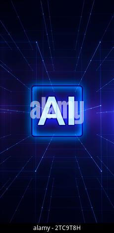 Abstract tech blocks with Artificial Intelligence on blue background. Neon line and AI text on cyberspace. Stock Photo