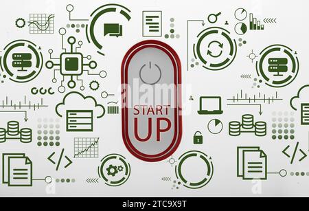Power button with text START UP and digital icons on light background Stock Photo