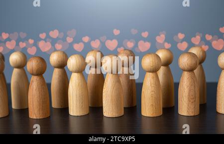 Crowd of people with hearts above their heads, concept with figures. Likes and shares. Followers and social networks. Fans. Influencing online interac Stock Photo