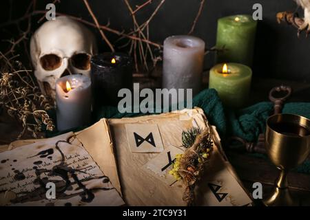 Witch's magic attributes with burning candles, book and dry flowers on dark table, closeup Stock Photo