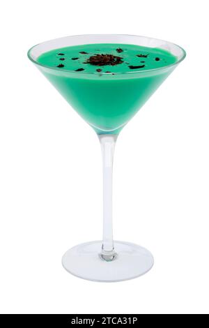 Grasshopper mixed drink with shaved chocolate garnish on white background Stock Photo