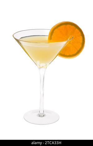 Fuzzy Navel mixed drink with orange slice garnish on white background Stock Photo