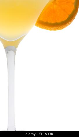 Fuzzy Navel mixed drink with orange slice garnish on white background Stock Photo