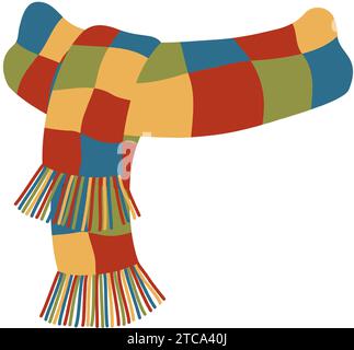 Warm knitted scarf. Cartoon warm clothes for the cold season of the year. Accessory to be worn around the neck in a flat style. Vector illustration. Stock Vector