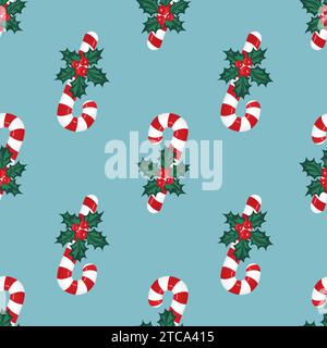 Red holly berries, Christmas striped candies on a blue background. Christmas seamless pattern. Vector illustration. Stock Vector