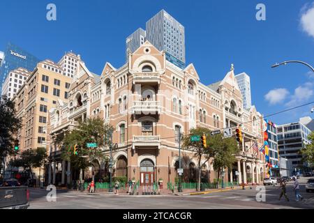 Austin, Texas - November 3, 2023:  facade of historic hotel the Driskill in the old town  in Austin, USA. Stock Photo