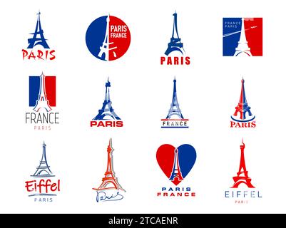 Paris Eiffel tower icons, France travel symbols. Paris famous landmark, French travel or European vacation tour or tourism abstract vector signs. France city architecture icons with Eiffel tower Stock Vector
