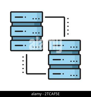Database network server and cloud storage color line vector icon of internet technology. Data server pictogram of backup storage and database exchange, digital information and files transfer line icon Stock Vector