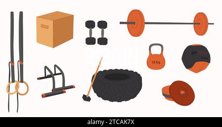 Vector workout objects set. Gym equipment flat design. Collection on sport theme. Ideal for web design, stickers, sport guide and tutorials Stock Vector