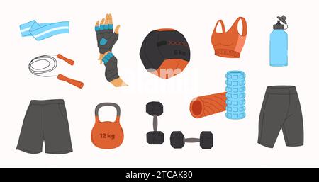 Vector workout objects set. Gym equipment flat design. Collection on sport theme. Ideal for sport guide Stock Vector