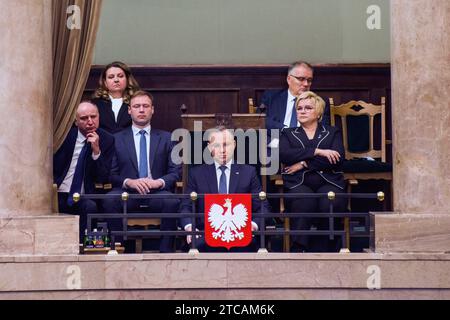 Warsaw, Poland. 11th Dec, 2023. President of Poland, Andrzej Duda attends the session of the Lower House of Parliament. Poland's parliament has voted in favour of Donald Tusk as the country's new prime minister. 248 MPs voted in favour, while 201 voted against. Tusk, a well-known figure on the European stage, previously served as Poland's prime minister between 2007 and 2014. He is also a former president of the European Council and former head of the centre-right European People's Party (EPP). Credit: SOPA Images Limited/Alamy Live News Stock Photo