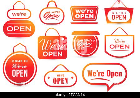 We Are Open, Text Collection for Sticker, Flyer, Header, Banner, Advertisement, and Announcement Stock Vector