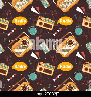 Radio Seamless Pattern Illustration Design with Player for Record and Listening to Music in Flat Cartoon Template Stock Vector