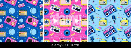 Radio Seamless Pattern Illustration Design with Player for Record and Listening to Music in Flat Cartoon Template Stock Vector