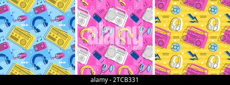 Radio Seamless Pattern Illustration Design with Player for Record and Listening to Music in Flat Cartoon Template Stock Vector