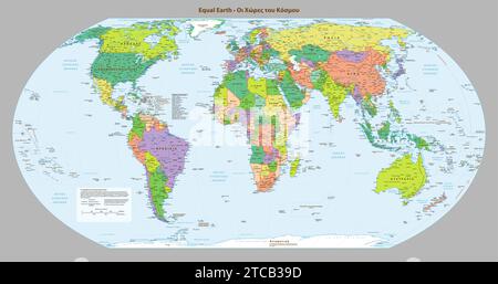 Greek language Political map of the world Equal earth projection Stock Vector