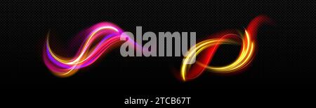 Neon color light effects set isolated on transparent background. Vector realistic illustration of yellow, red, purple, pink waves, abstract speed motion swirls, magic power trail, blurred fire flash Stock Vector