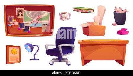 Police detective office furniture set isolated on white background. Vector cartoon illustration of evidence board with map and photo, wooden desk and armchair, case documents in box, coffee cup, lamp Stock Vector