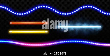 LED lamps in straight tube and waved stripe with bright neon colored light with beam and smoke. Realistic vector illustration set of luminous fluoresc Stock Vector Image Art Alamy