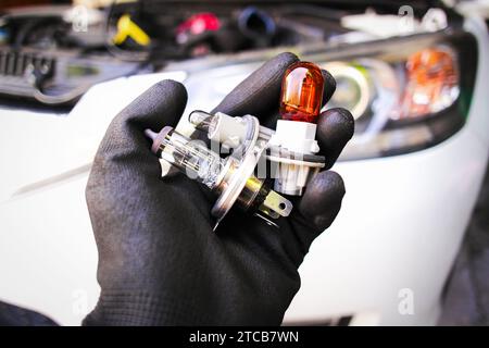 Car halogen bulb of headlight in auto mechanic hand with a car blurred background , Car spare parts concept Stock Photo