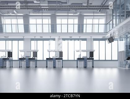 3d rendering laboratory interior or manufacturing factory with machine, computer screen and  desks Stock Photo