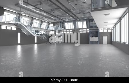 3d rendering laboratory interior or manufacturing factory with machine, computer screen and  desks Stock Photo