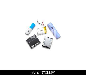 Lithium ion battery group various sizes on white background , Battery technology concept Stock Photo