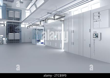 3d rendering laboratory interior or manufacturing factory with machine, computer screen and  desks Stock Photo