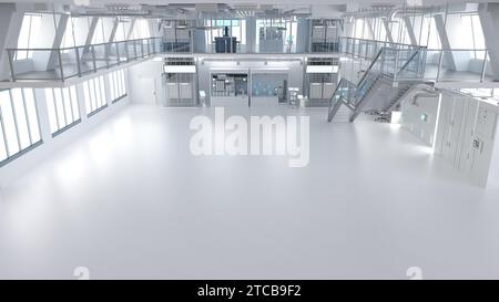 3d rendering laboratory interior or manufacturing factory with machine, computer screen and  desks Stock Photo