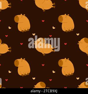 Seamless pattern. Funny animals capybaras on black background. Vector illustration for design, wallpaper, packaging, textile. kids collection . Stock Vector
