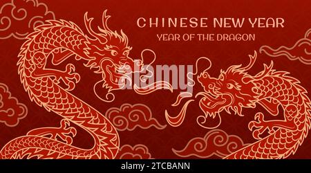 Chinese dragons fighting in the clouds. New Year of the Wooden Dragon. Banner with gold Antique pattern, Asian style. Bright horizontal vector banner. Stock Vector