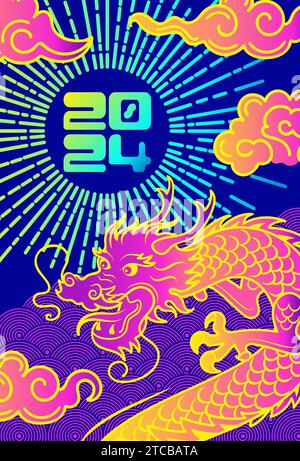 Chinese New Year of the Wooden Dragon. Sun and clouds. Bright vector vintage banner in neon colors of 90s, Asian style. Bright vector banner. Paper la Stock Vector