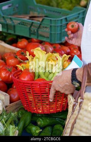 Close-up of a man shopping, collecting fresh tomatoes and zucchini in a grocery cart at a local market, store or supermarket. Stock Photo