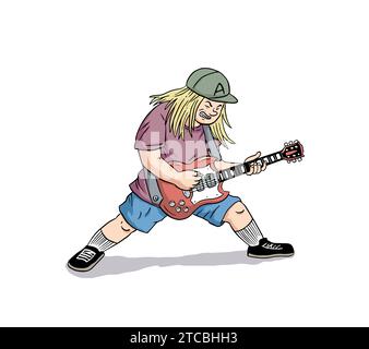 Rock musician playing on electrical guitar cartoon character vector Illustration, guitarist, heavy metal, band person, individuality Stock Vector