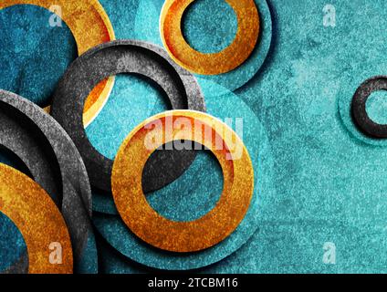 Blue, black and golden rings abstract geometric grunge background. Vector design Stock Vector