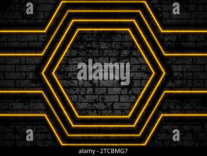 Orange neon technology lines on black brick grunge wall. Abstract vector background Stock Vector