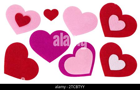Set of red, pink cut out hearts on white isolated background. Valentine's Day, wedding, date. Design element Stock Photo