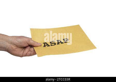 a man handing out an envelope with the message As Soon As Possible with a transparent background Stock Photo