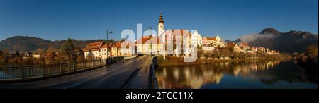 Frohnleiten panorama small town above Mur river in Styria, Austria. View at Parish church, town and river Mur. Famous travel destination Stock Photo