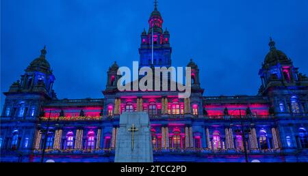 Glasgow's City Chambers Building floodlit during the 'WinterFest' in George Square, Glasgow, Scotland Stock Photo