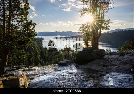 Lower Eagle Falls at sunrise. Emerald Bay in the background. Lake Tahoe. California. Stock Photo