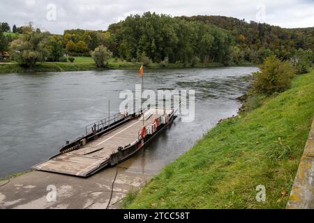 Ferry at Danube river breakthrough near monastery Weltenburg in Bavaria, Germany in autumn Stock Photo
